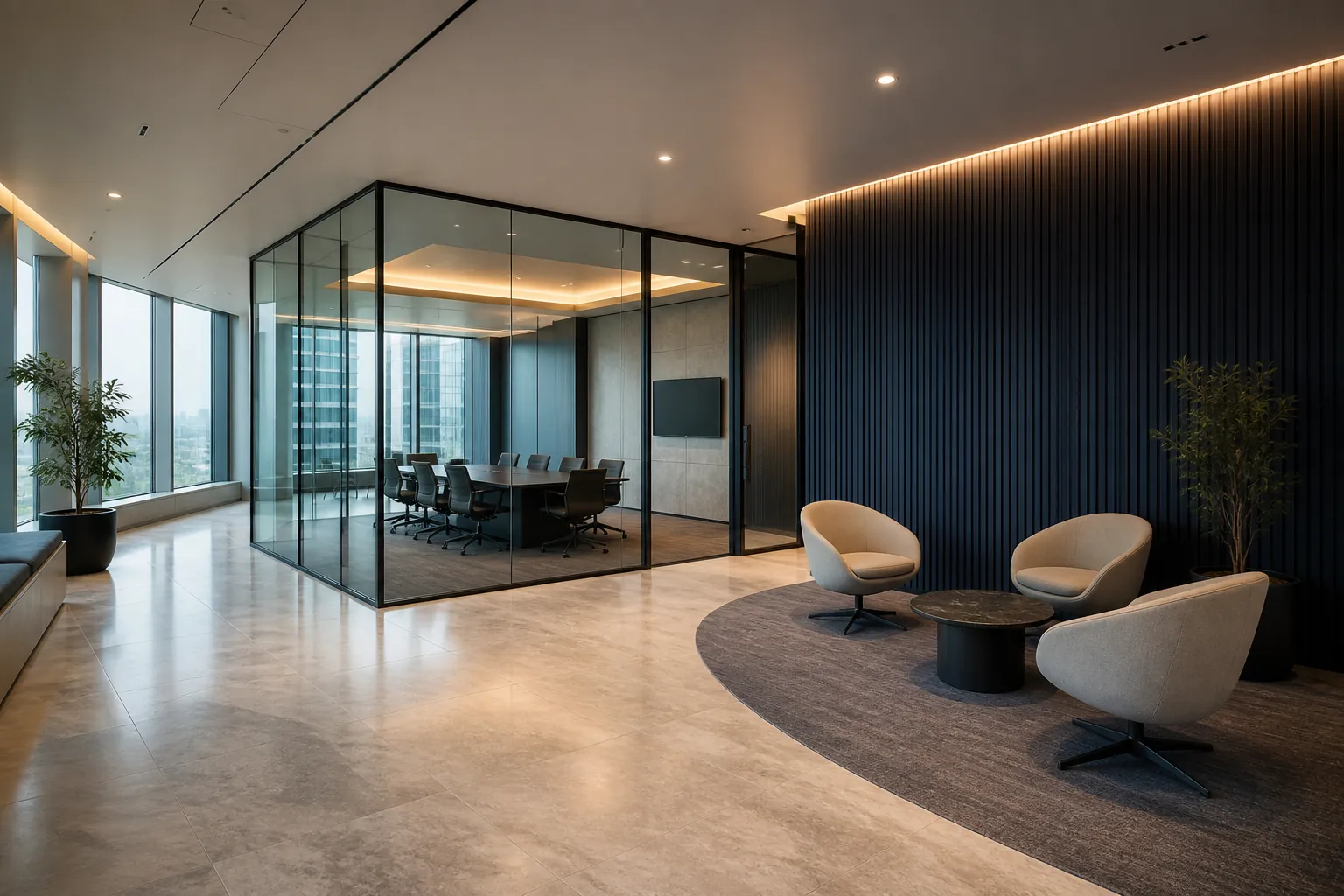 Clean modern office with a glass conference suite and collaboration lounge